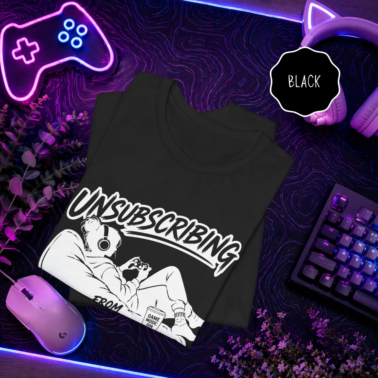 Funny gaming t-shirt black color variant mockup with controller setup