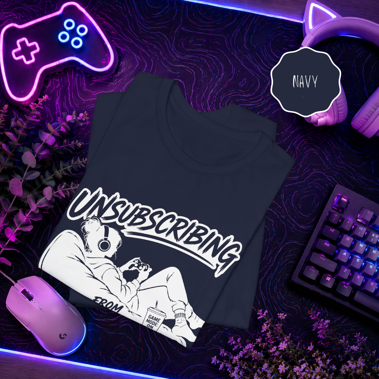 Unsubscribing from adulting shirt navy blue variant folded display