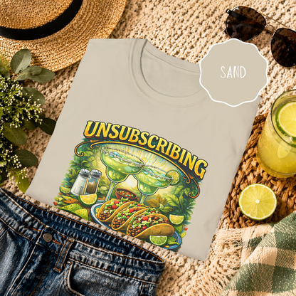 sand color taco tuesday shirt with margarita and taco graphic summer vibe flat lay