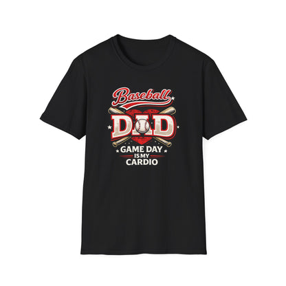 Front view of “Game Day Is My Cardio” funny baseball dad shirt