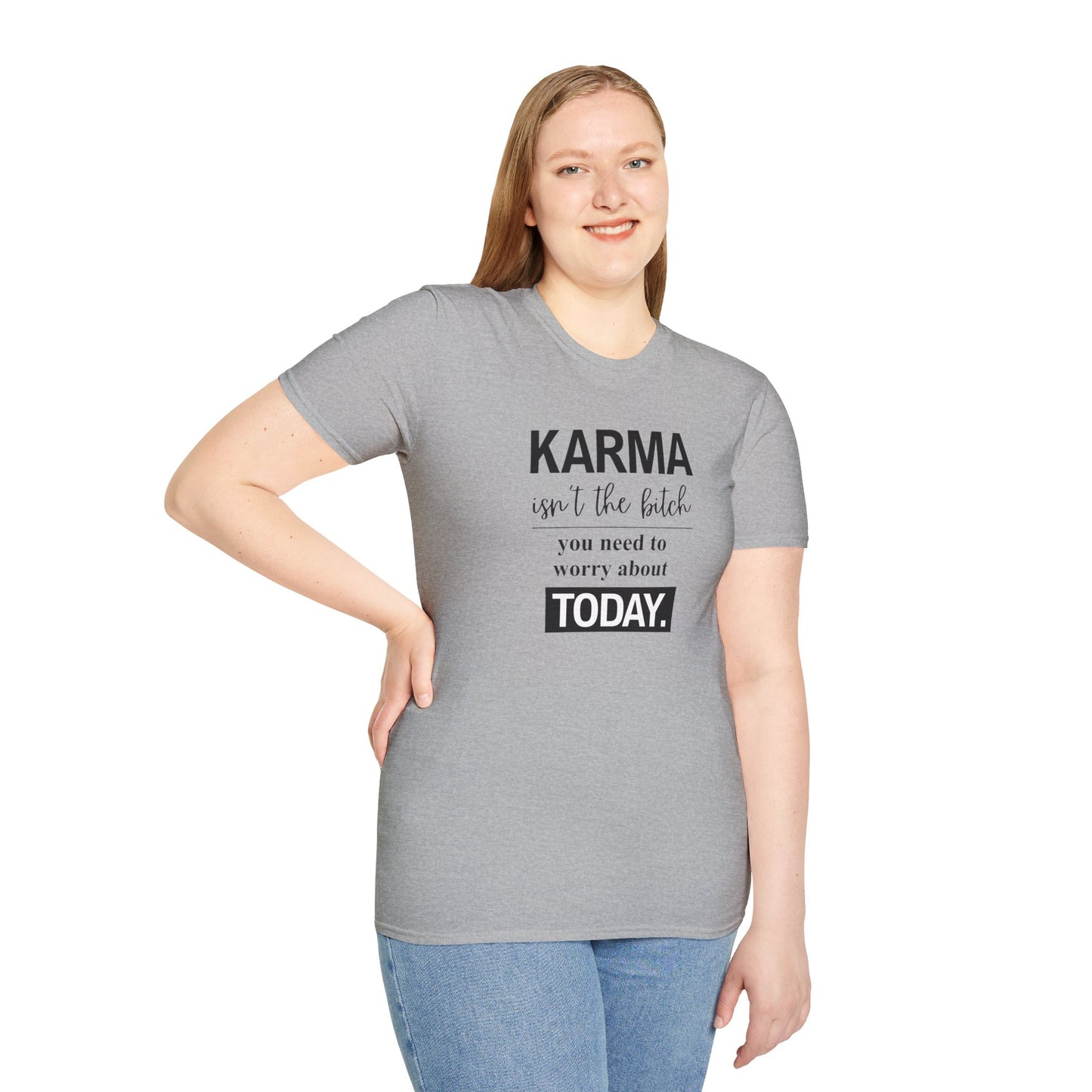 Model wearing sarcastic graphic t-shirt from side angle