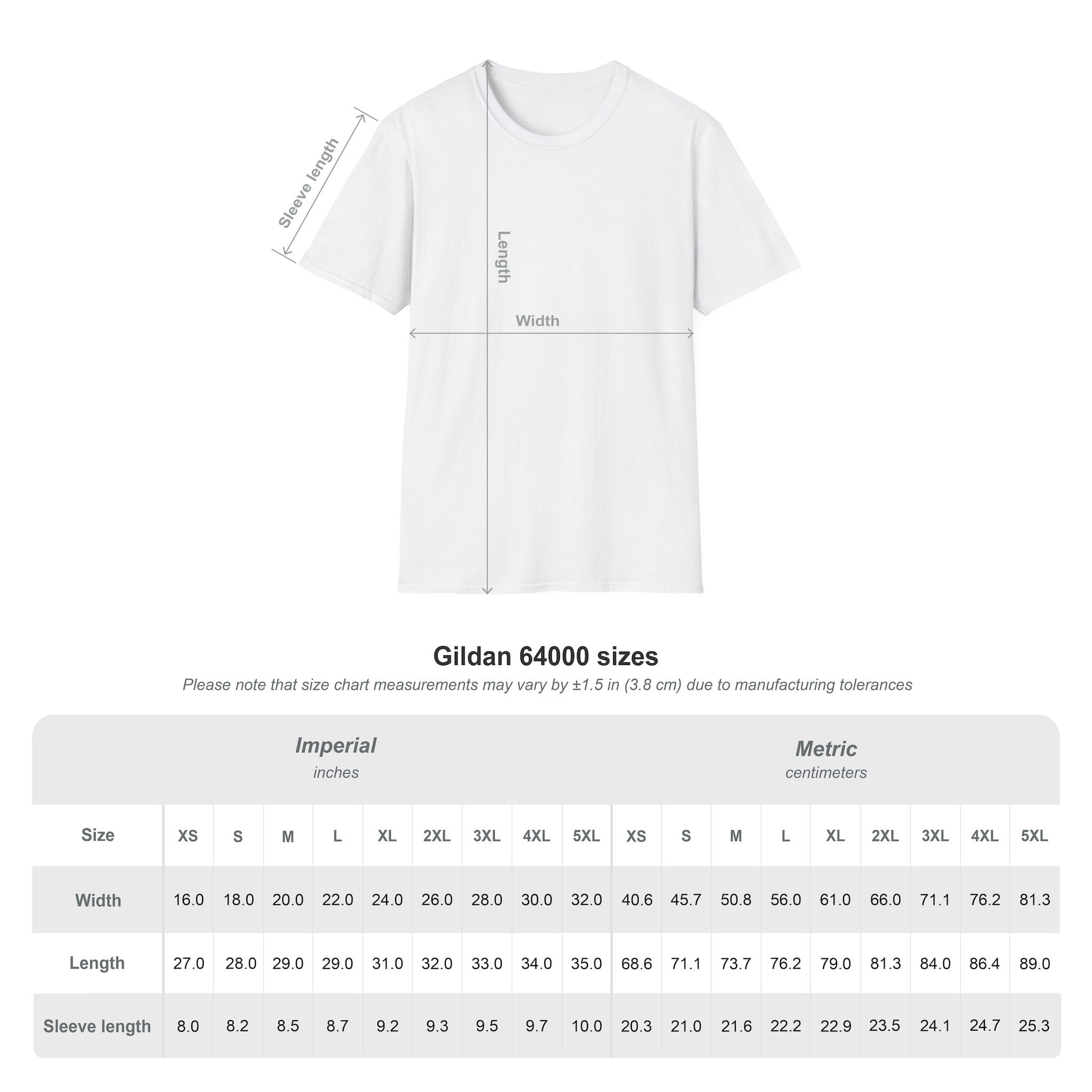 Unisex t-shirt size chart for graphic tee