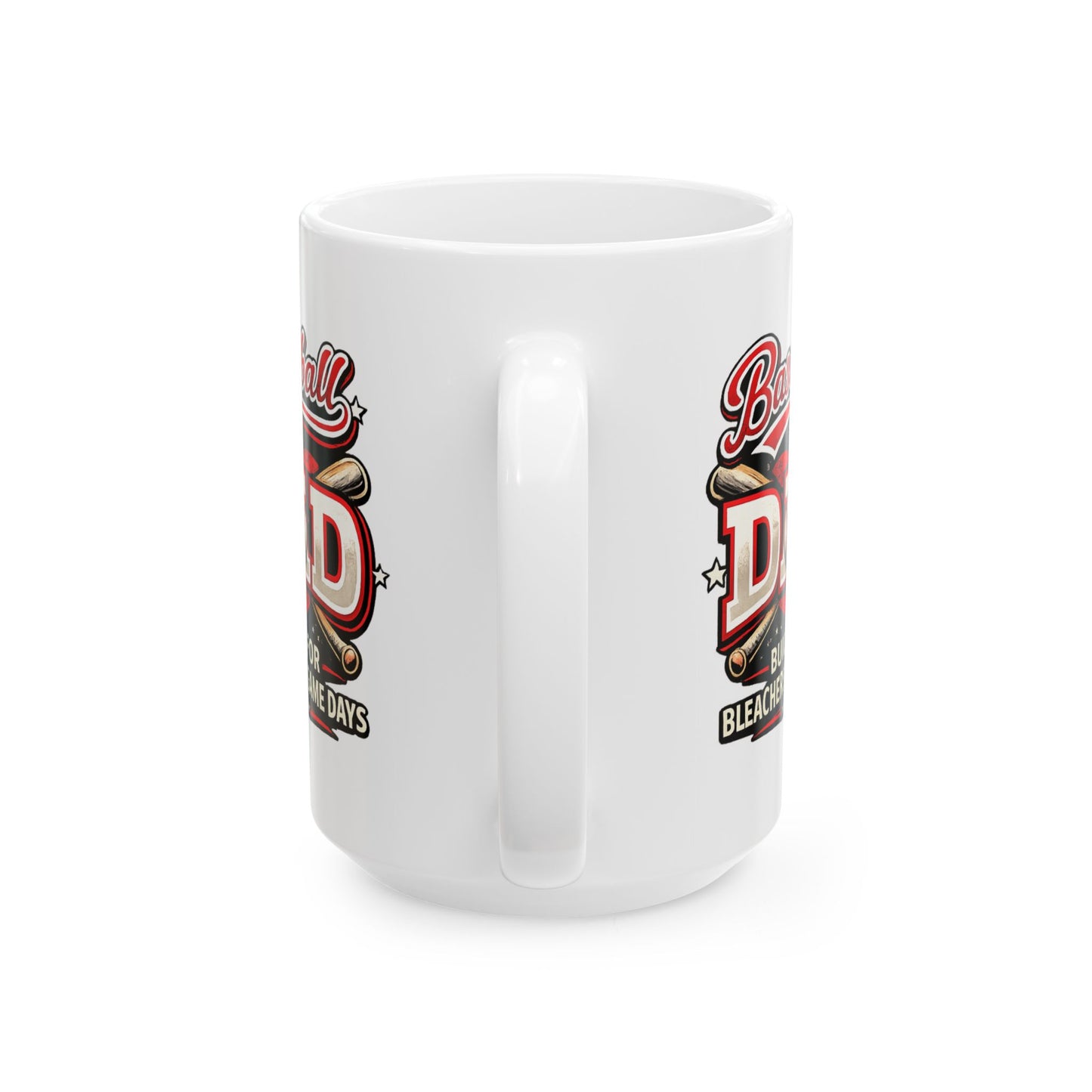 Angled view of a white baseball dad coffee mug showing the handle and red and black baseball-inspired design on the front.