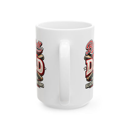 Angled view of a white baseball dad coffee mug showing the handle and red and black baseball-inspired design on the front.