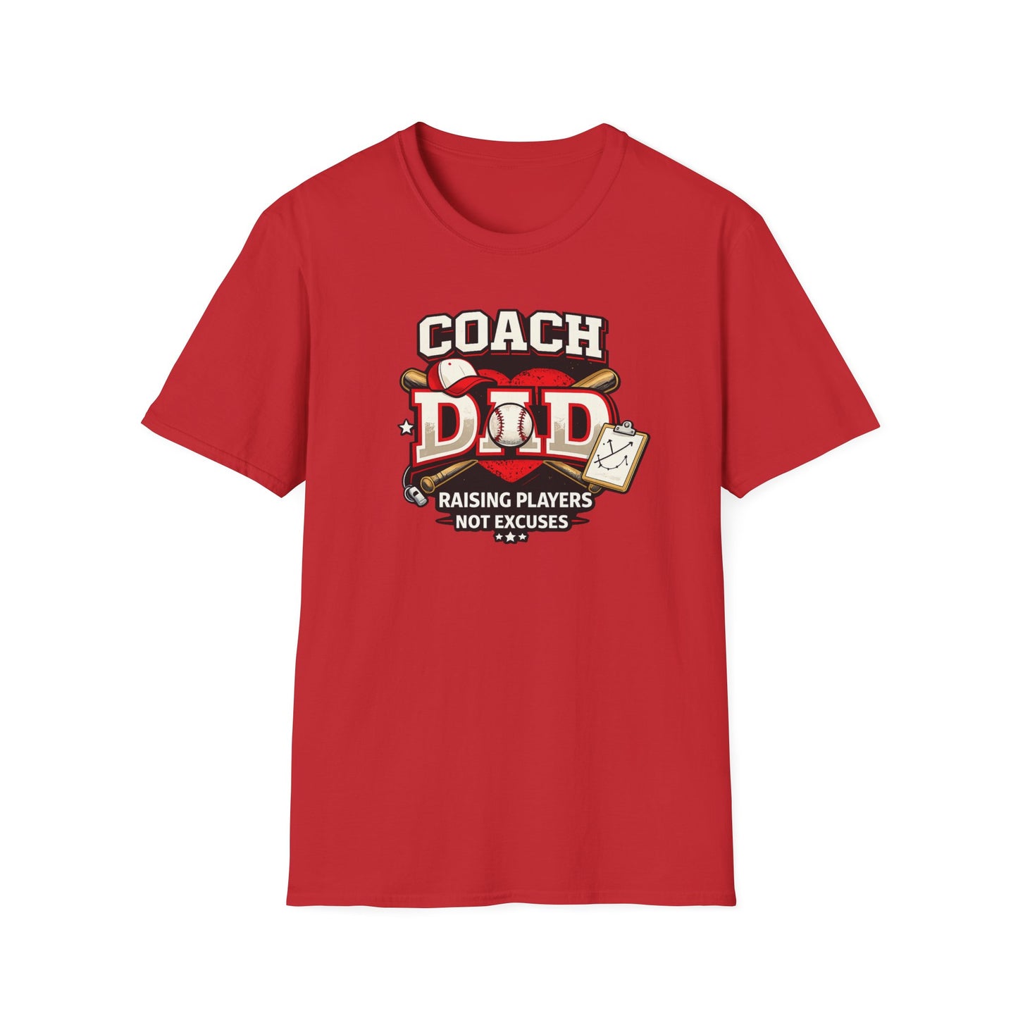 baseball Sports dad red  shirt Raising Players Not Excuses close-up print detail
