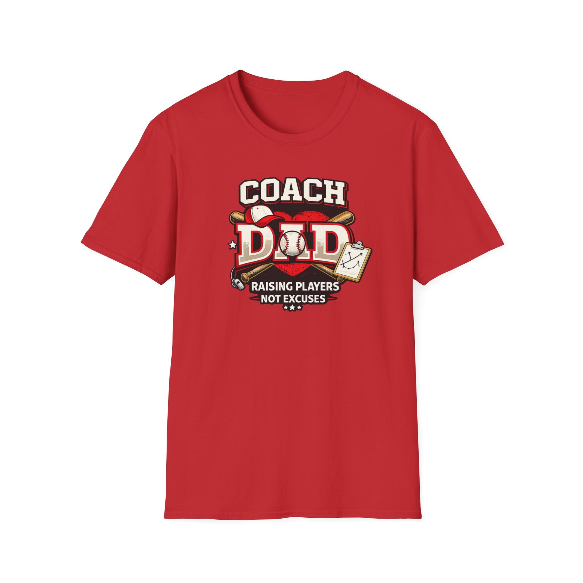 baseball Sports dad red  shirt Raising Players Not Excuses close-up print detail