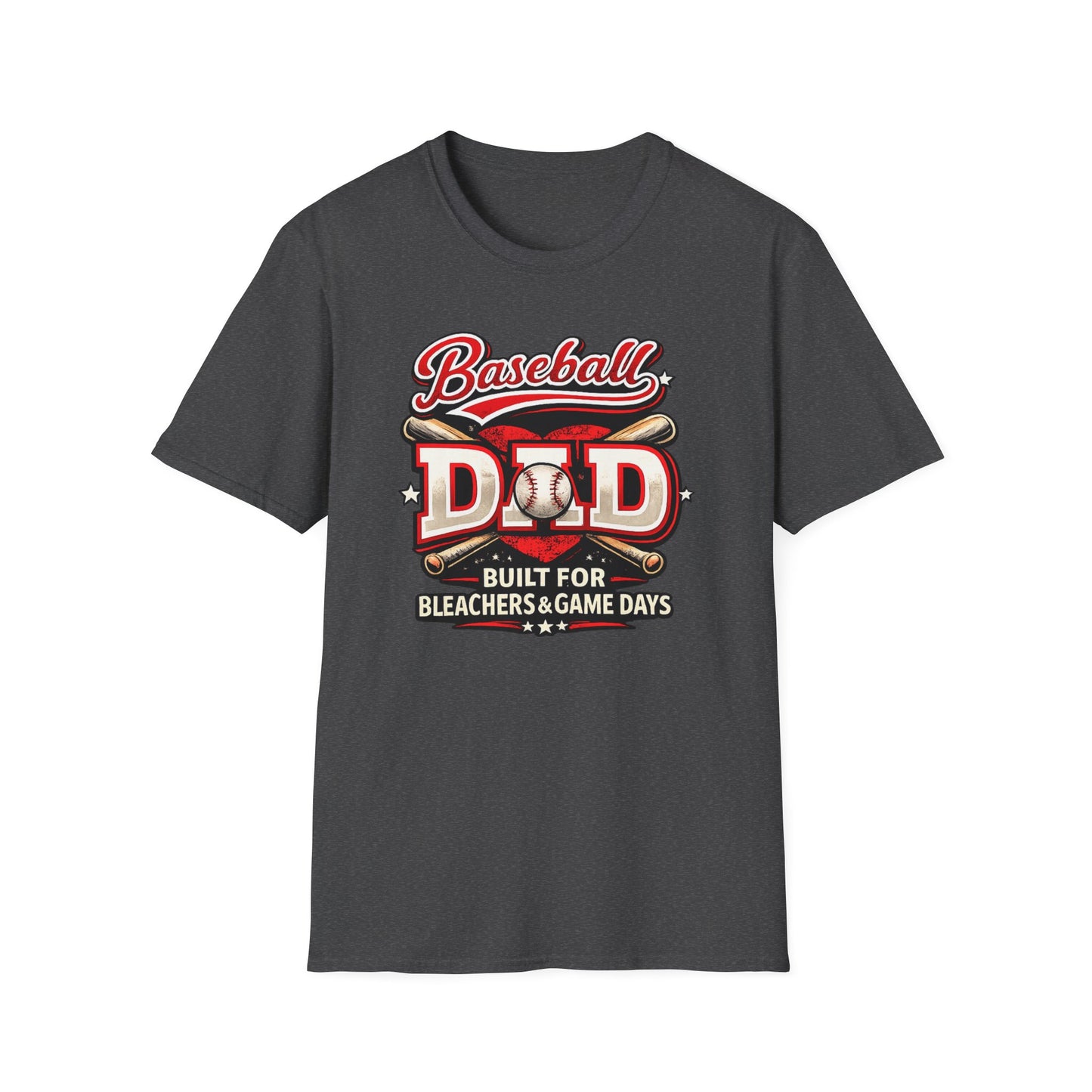 Dark heather grey baseball dad t-shirt with a vintage-style red and white baseball graphic and the phrase “Baseball Dad Built for Bleachers & Game Days.”