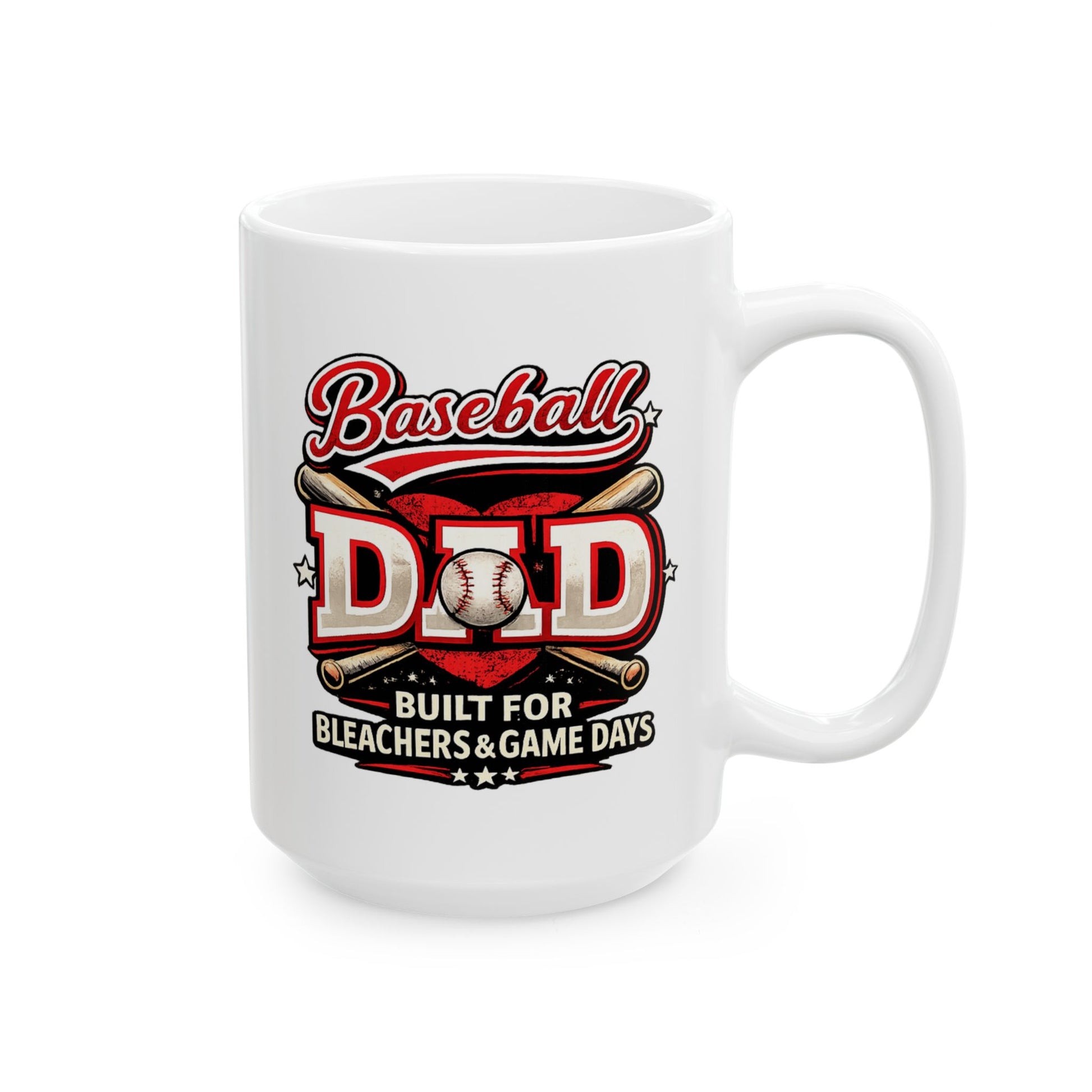Right handed view of white baseball dad coffee mug featuring a bold red and black graphic with baseball elements and the phrase “Baseball Dad Built for Game Days.”