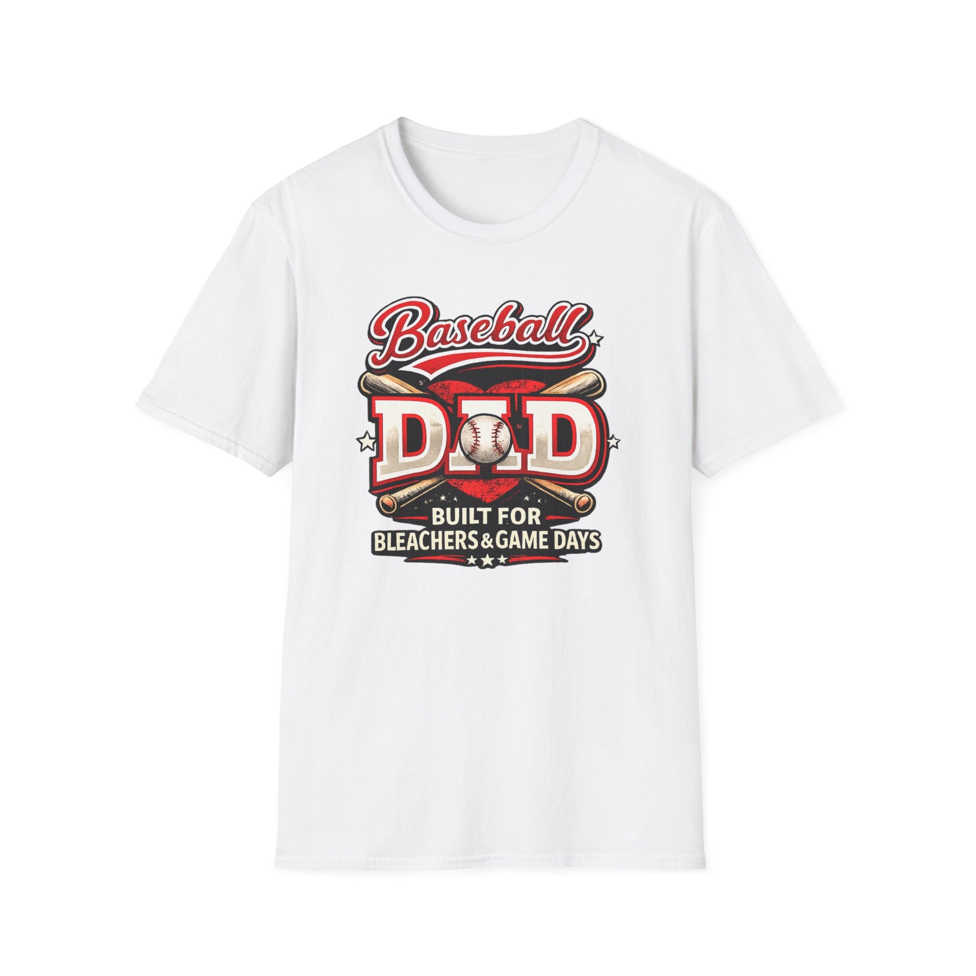 White baseball dad t-shirt with a vintage-style red and white baseball graphic and the phrase “Baseball Dad Built for Bleachers & Game Days.”