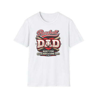 White baseball dad t-shirt with a vintage-style red and white baseball graphic and the phrase “Baseball Dad Built for Bleachers & Game Days.”
