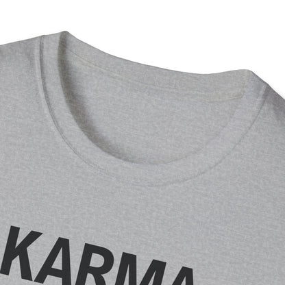 Close-up of karma quote text printed on soft white t-shirt
