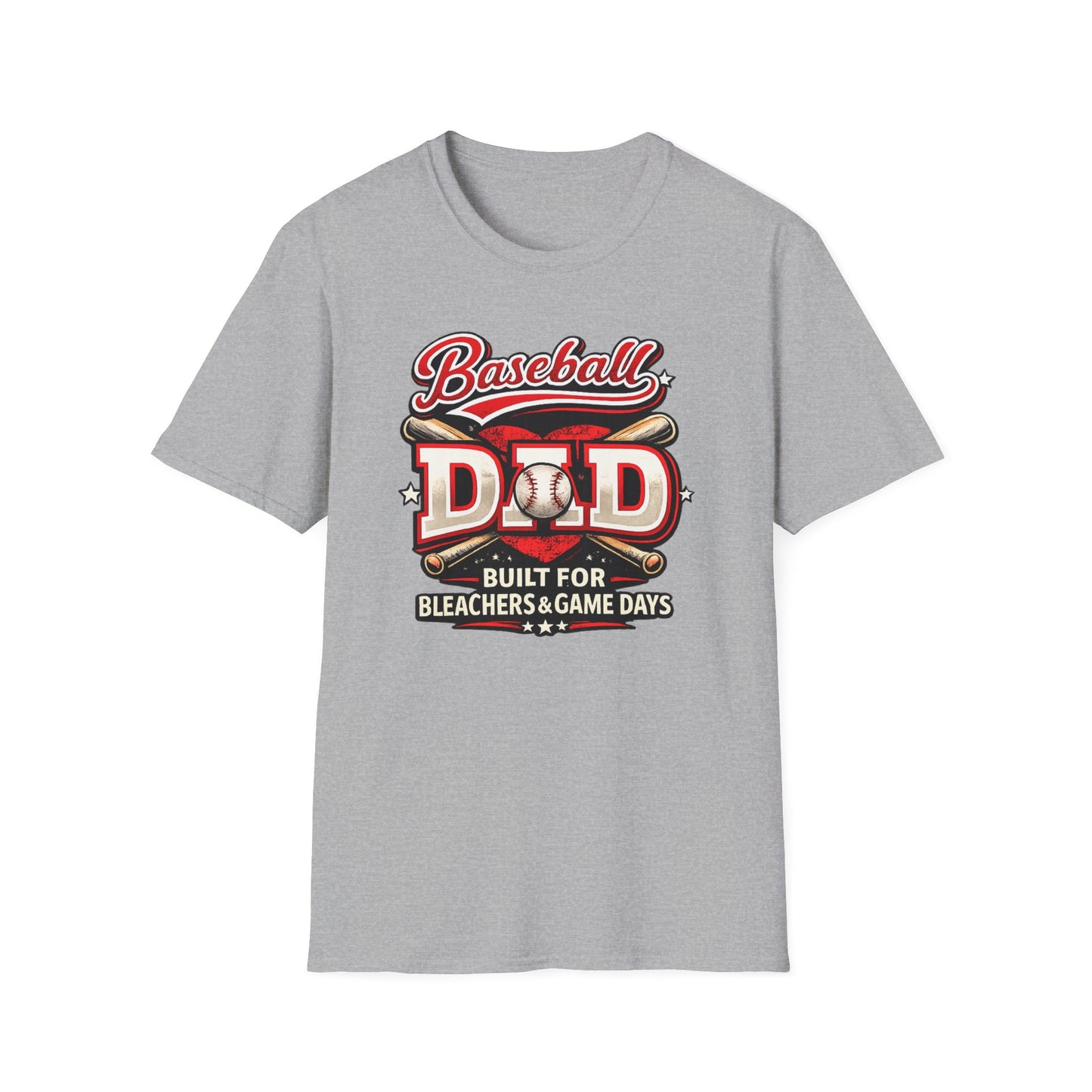 Sport grey baseball dad t-shirt with a vintage-style red and white baseball graphic and the phrase “Baseball Dad Built for Bleachers & Game Days.”