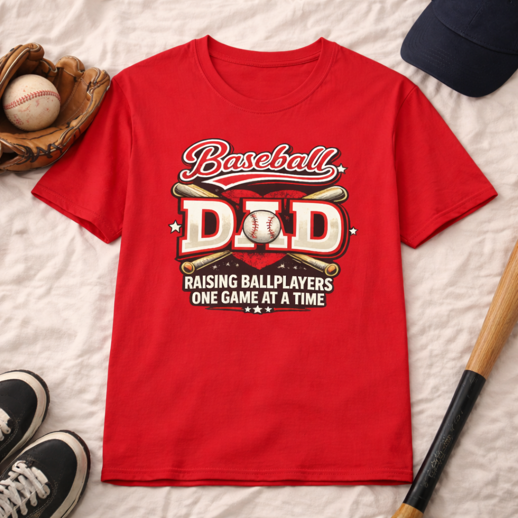 Baseball Dad t-shirt with “Raising Ballplayers One Game at a Time” design shown in red on a flat lay background