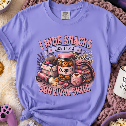 funny snack shirt i hide snacks survival skill purple tee