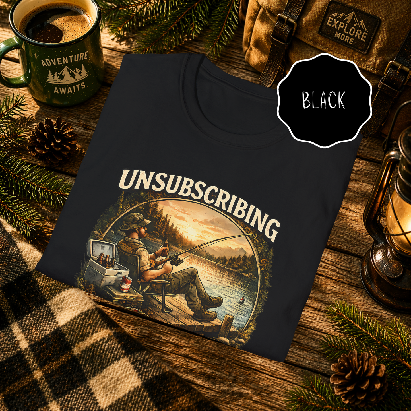 Black funny fishing shirt with unsubscribe from adulting lake life graphic