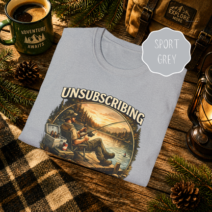 Sport grey fishing shirt with lake life humor design on rustic outdoor scene