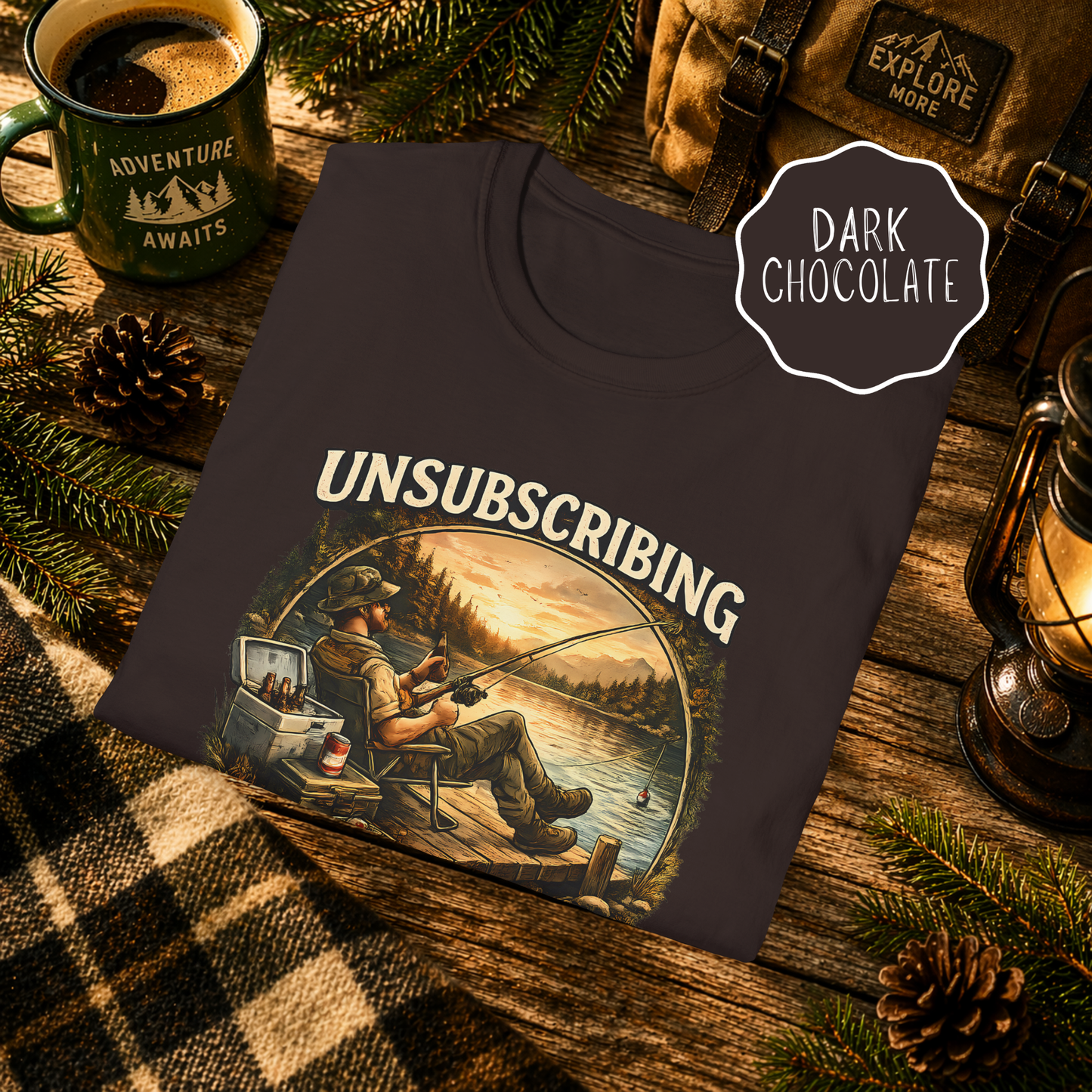 Dark brown funny fishing shirt with unsubscribe from adulting graphic design