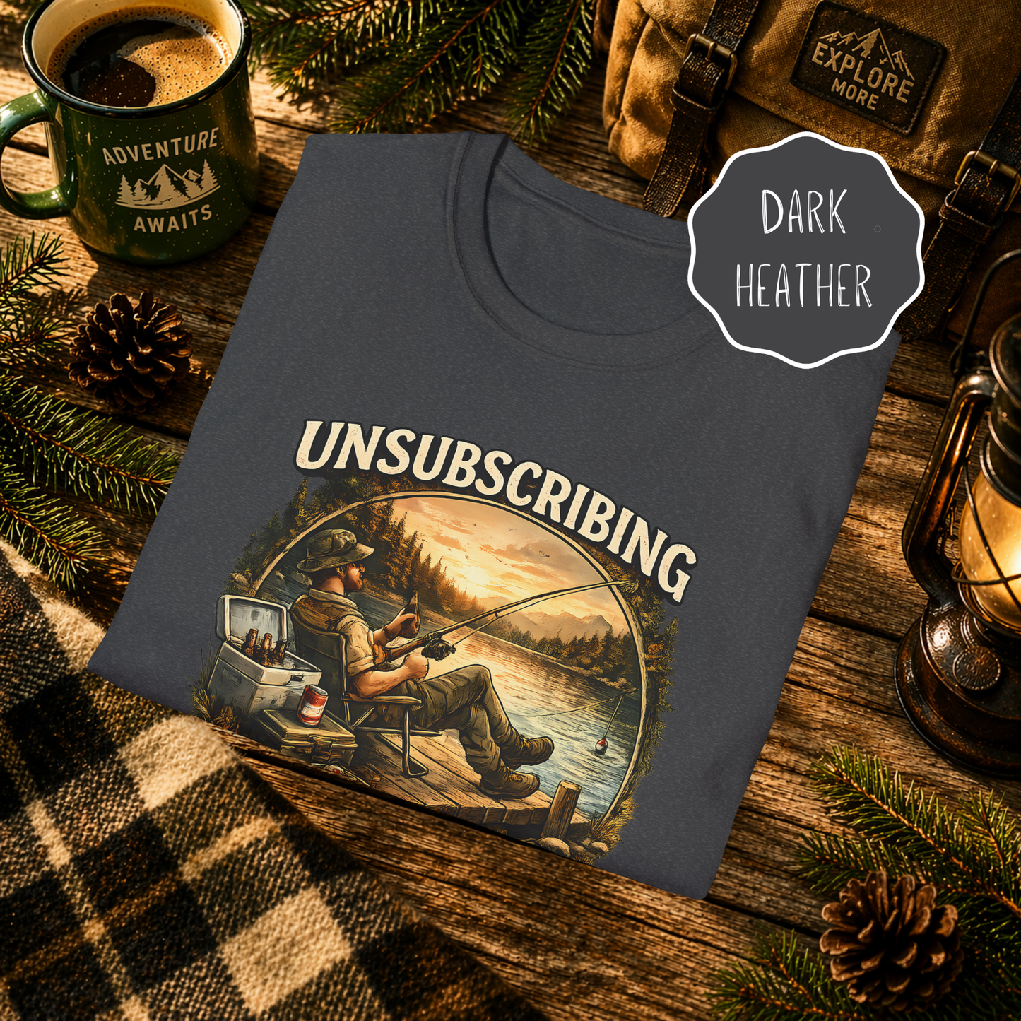 Dark heather funny fishing shirt with unsubscribe from adulting outdoor design