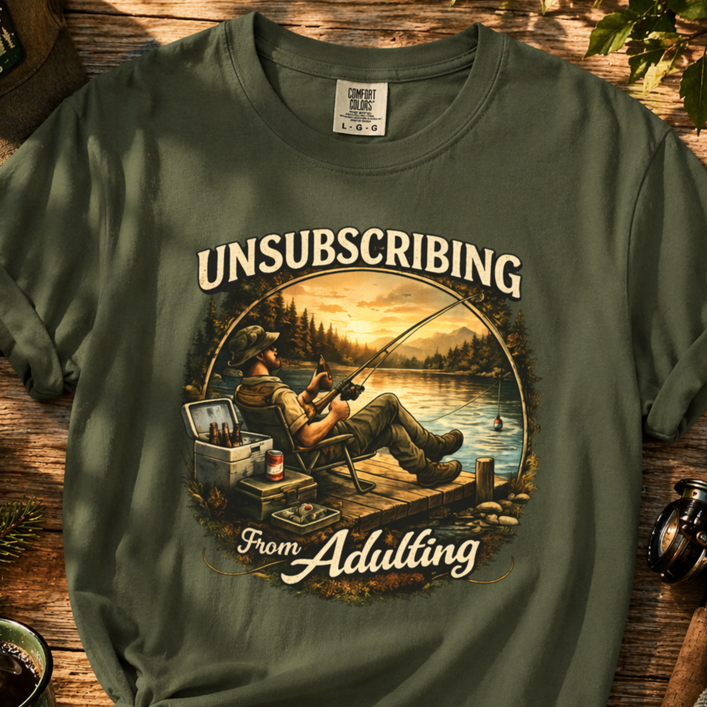 Green funny fishing shirt with unsubscribe from adulting lake life design