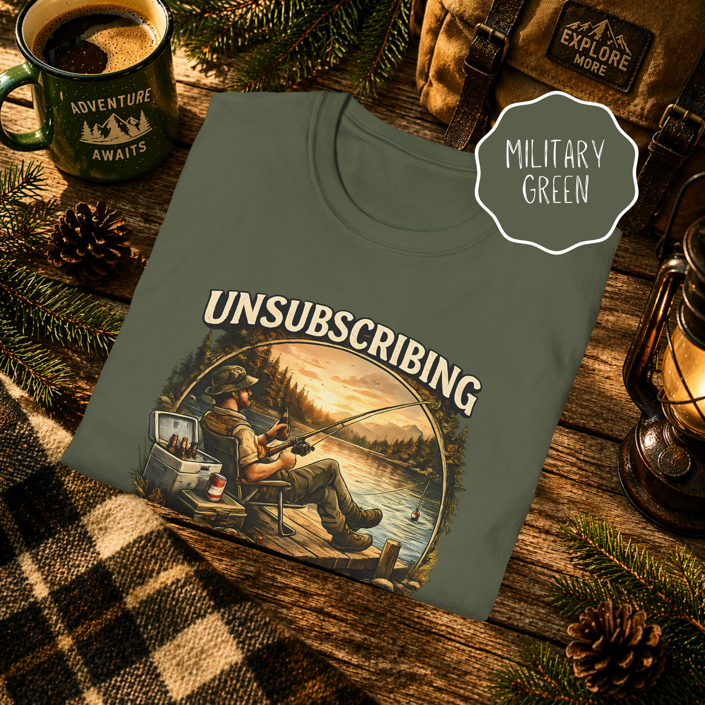 Military green fishing shirt with lake life unsubscribe from adulting graphic