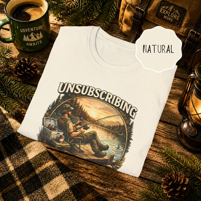 Natural color funny fishing shirt with lake life design on rustic background