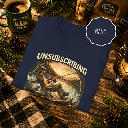 Navy funny fishing shirt laid flat with rustic outdoor background and lake life graphic