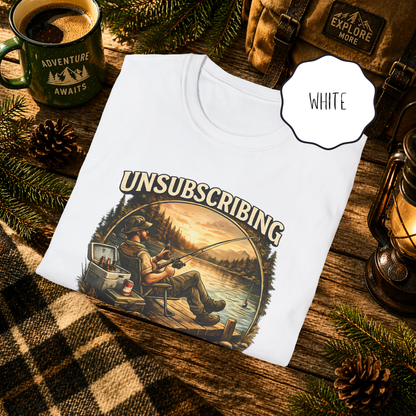 White funny fishing shirt with lake life design displayed on rustic outdoor background
