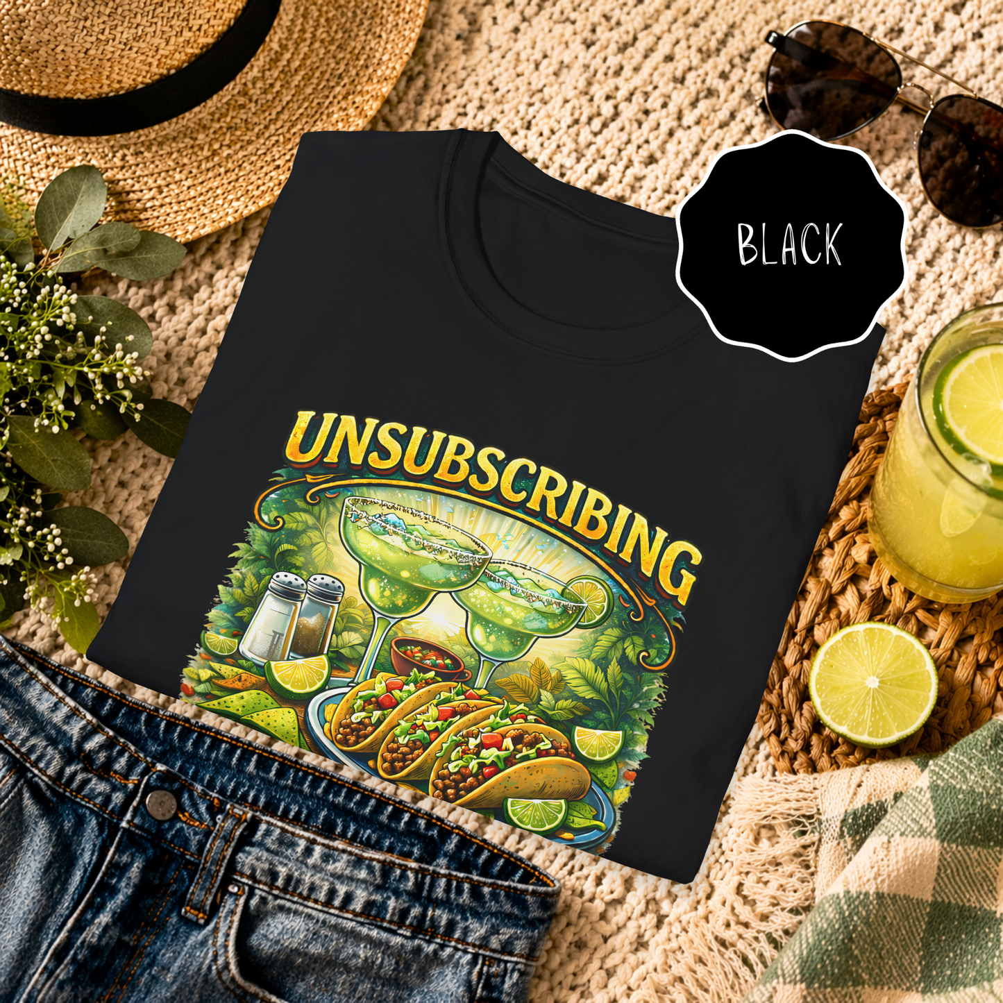 black margarita lover shirt with taco design in casual fiesta style flat lay