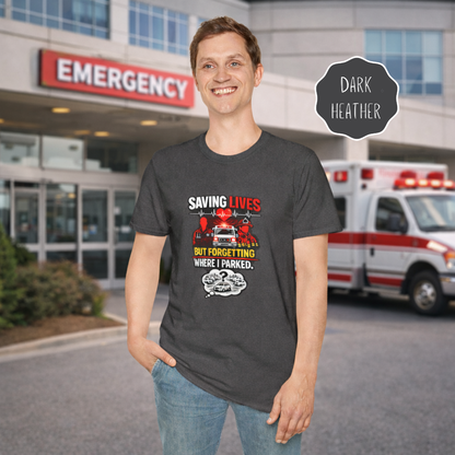 Man wearing Saving Lives But Forgetting Where I Parked nurse humor shirt standing outside hospital emergency entrance
