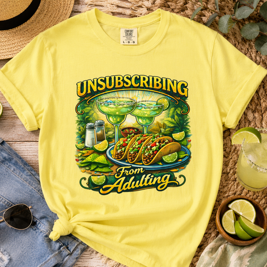 yellow taco tuesday shirt with margarita and taco design summer vacation flat lay